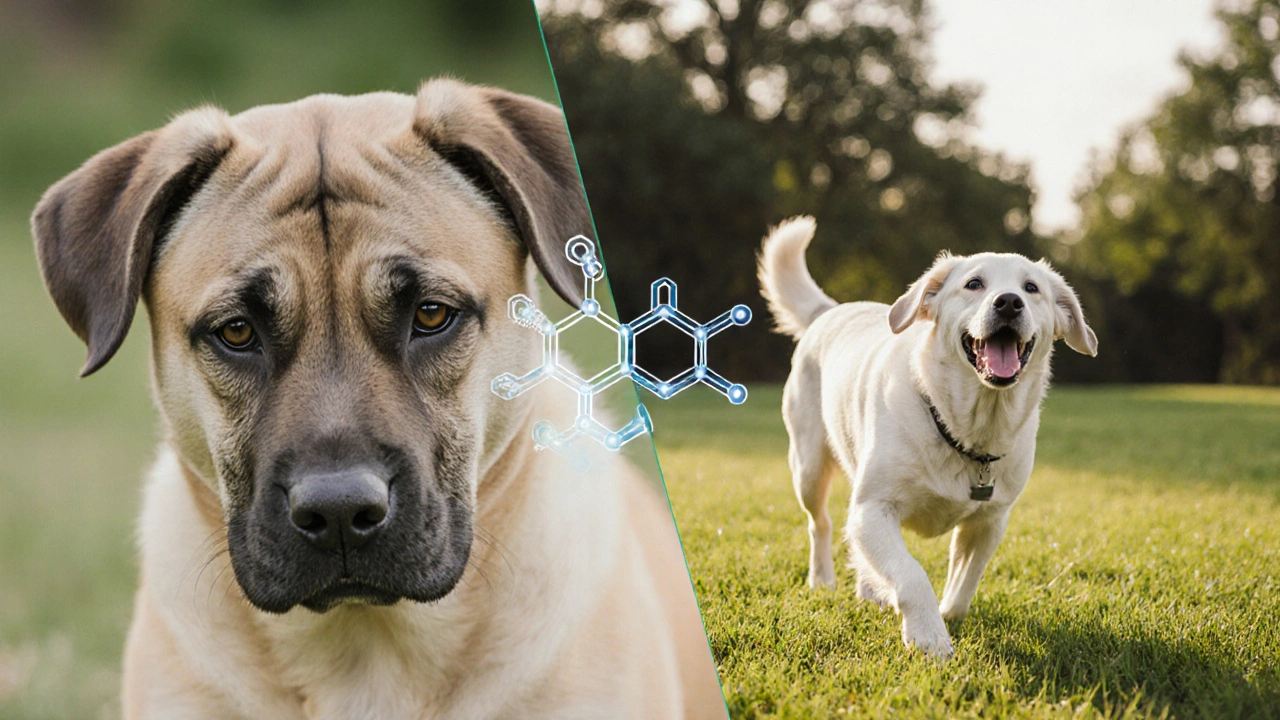 Dva obrazy jednoho psa: jeden nehybný a smutný, druhý šťastně běží po trávě.