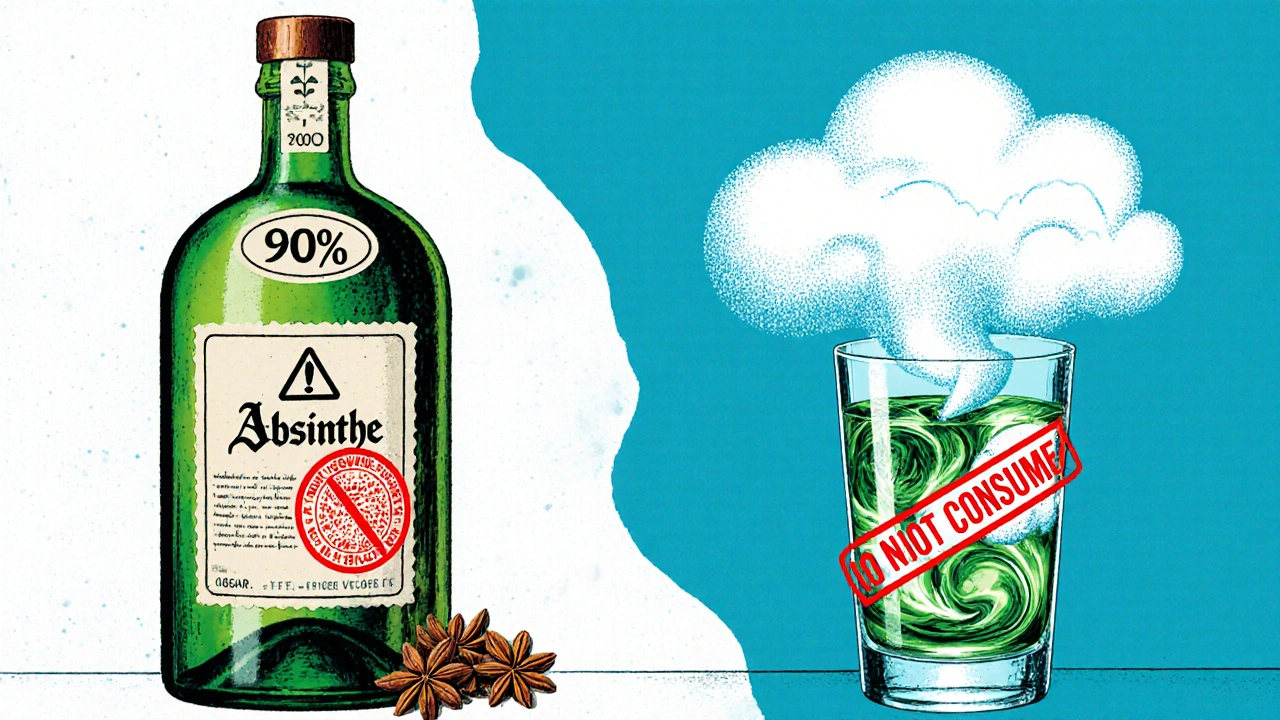 Dvoučelná ilustrace: na jedné straně nebezpečný 90% absint s výstrahou, na druhé straně bezpečně ředěný absint s vodou a cukrem.