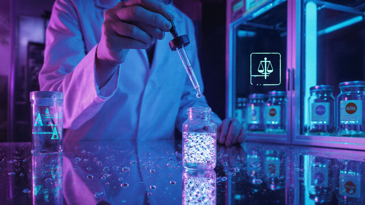 Futuristické laboratoře s nanočásticemi a uzavřenými skleničkami, představující pokročilé mikroenkapsulace edibles.