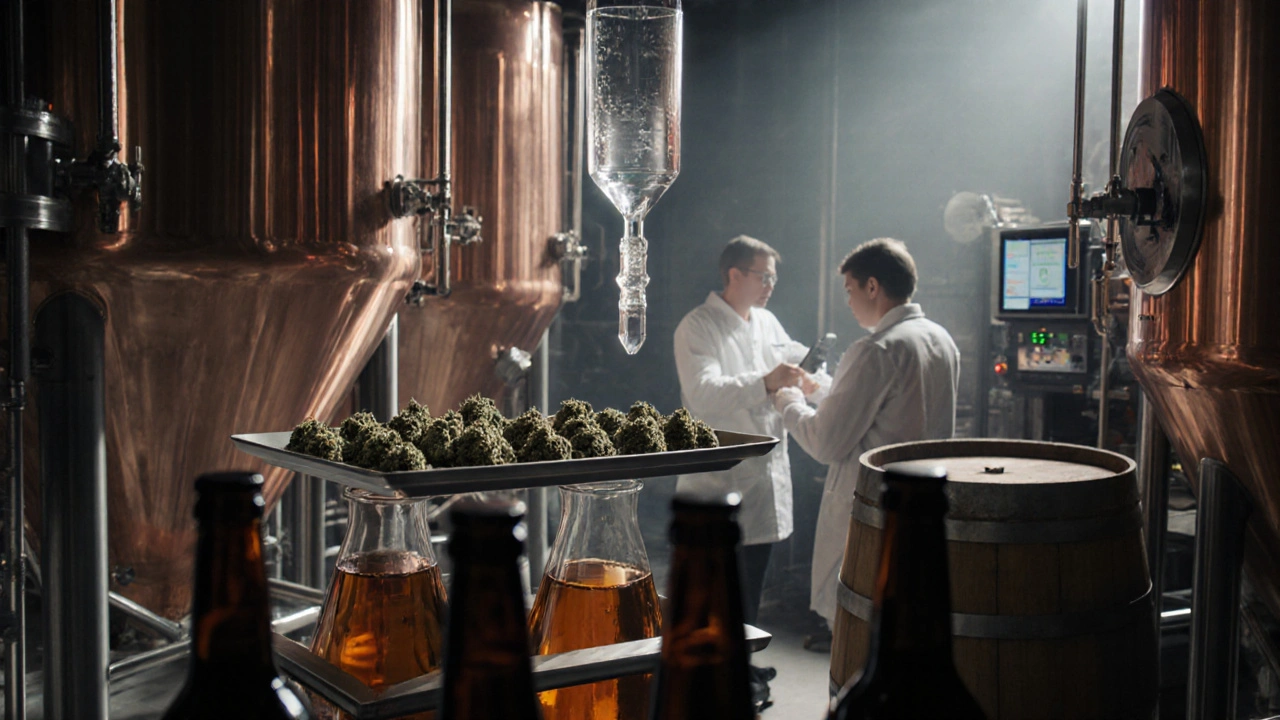 Laboratoř‑vinařství s měděnými sudy, kde se kanabisové květy infuzují do zlatavého vína.