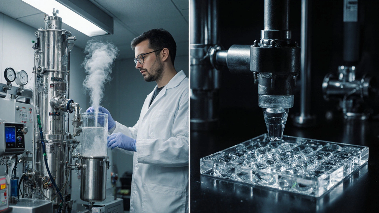 Laboratorní scéna s vybavením pro BHO a CO₂ extrakci, kde se vytváří skleněné shatter.