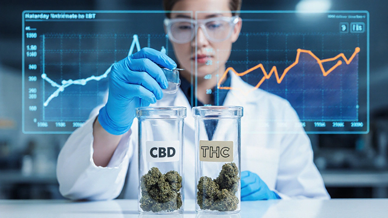 Laboratorní scéna ukazuje vědce zkoumající krevní vzorky a rozdílné účinky CBD a THC hashe.