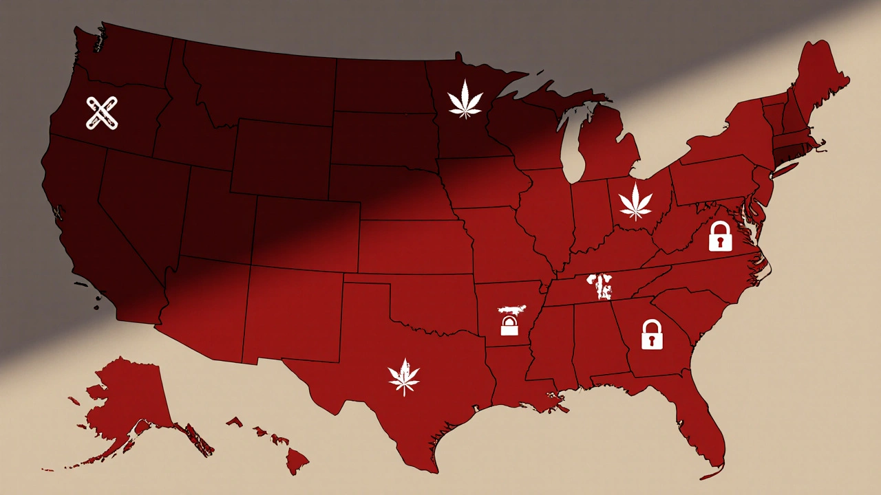 Mapa USA, kde jsou červeně zvýrazněny státy s nelegální kouřitelnou konopí.