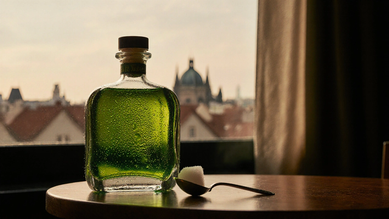 Moderní absinth v České republice s lžičkou a cukrem na dřevěném stole