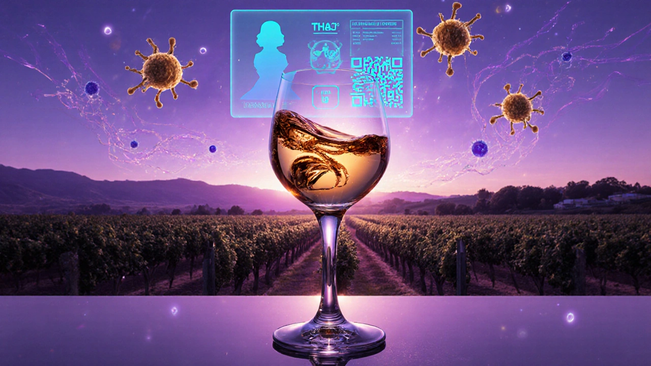 Moderní bar s holografickými daty nad sklenicí kanabisového vína, neonové akcenty a západ slunce nad vinicemi.