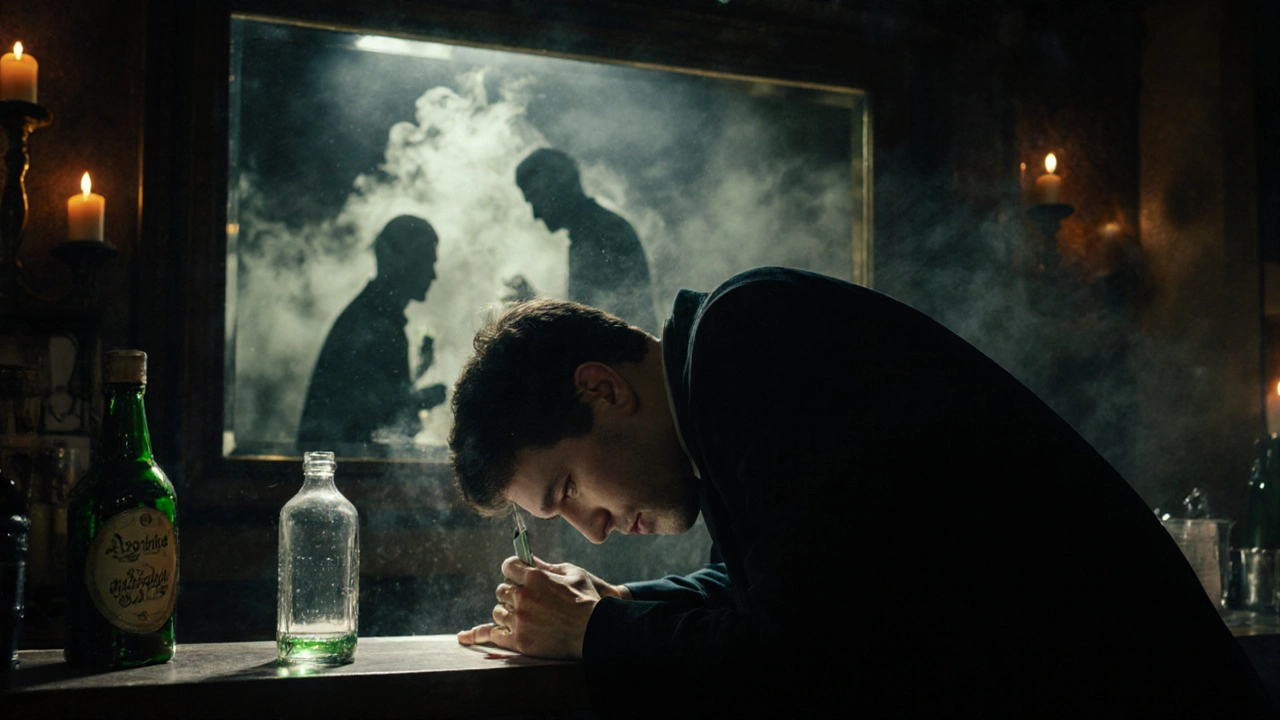 Muž se zhroutil u baru po vypití neředěného absintu, v zrcadle se odráží správný rituál pít absint.