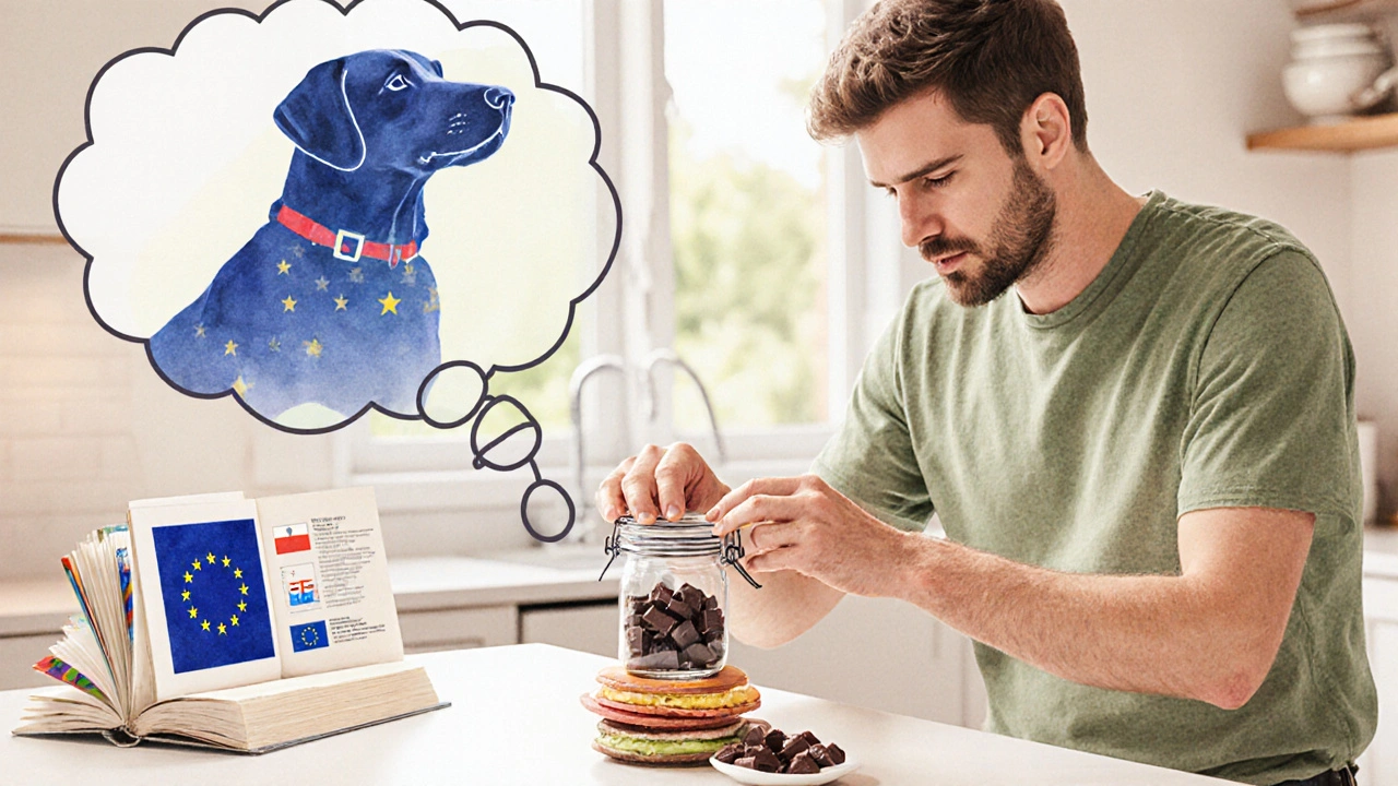Osoba ukládá edibles do vzduchotěsné skleněné nádoby, v pozadí silueta psa.