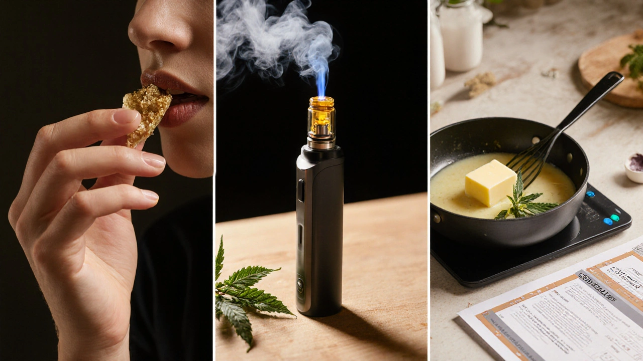 Osoba užívá shatter pod jazyk, pomocí vaporizéru a při vaření v kuchyni, vedle certifikátu.