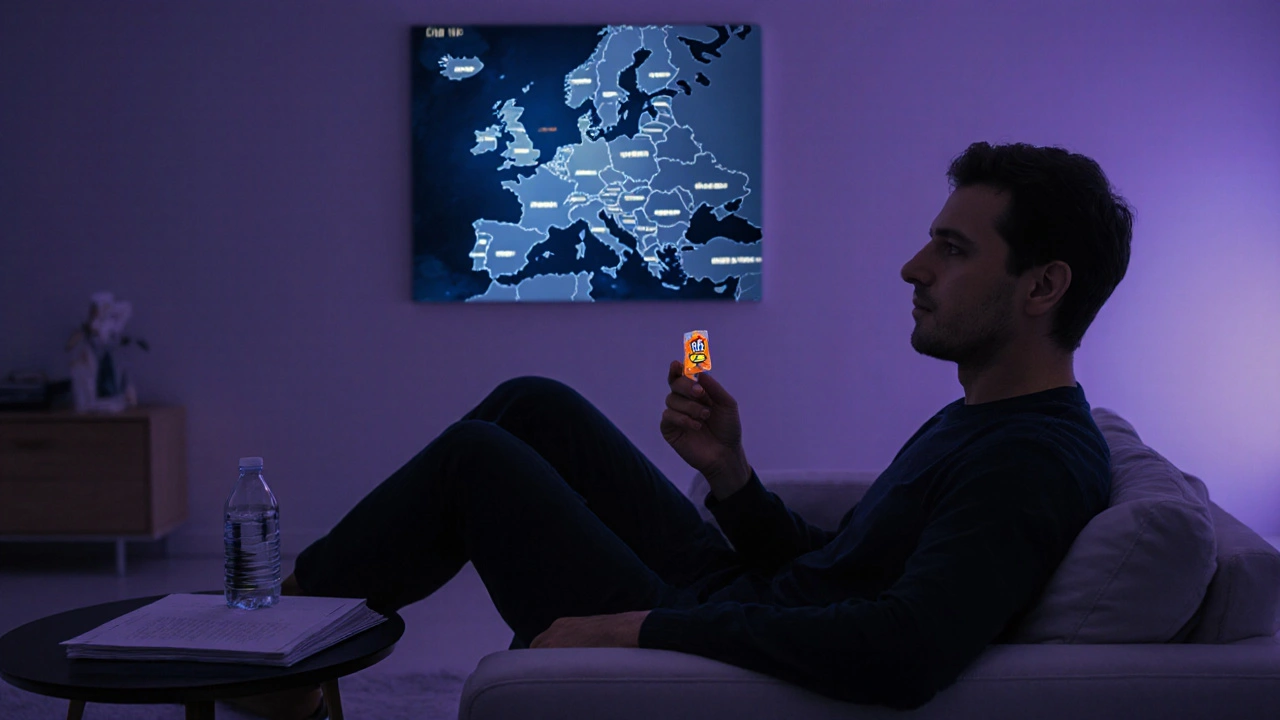 Osoba v obývacím pokoji drží HHC gummy, za ní abstraktní mapa EU a rozostřené právní dokumenty.