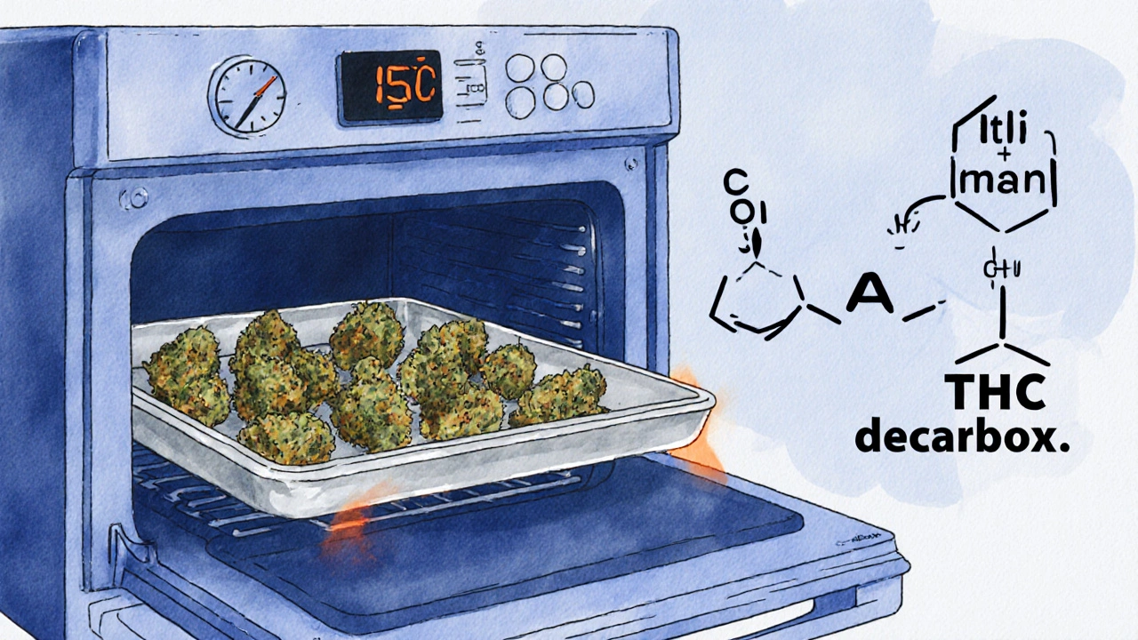 Oven s otevřenou dvířky, kde leží konopná kytka při 115 °C, znázorňující proces dekarboxylace THC‑A na THC.