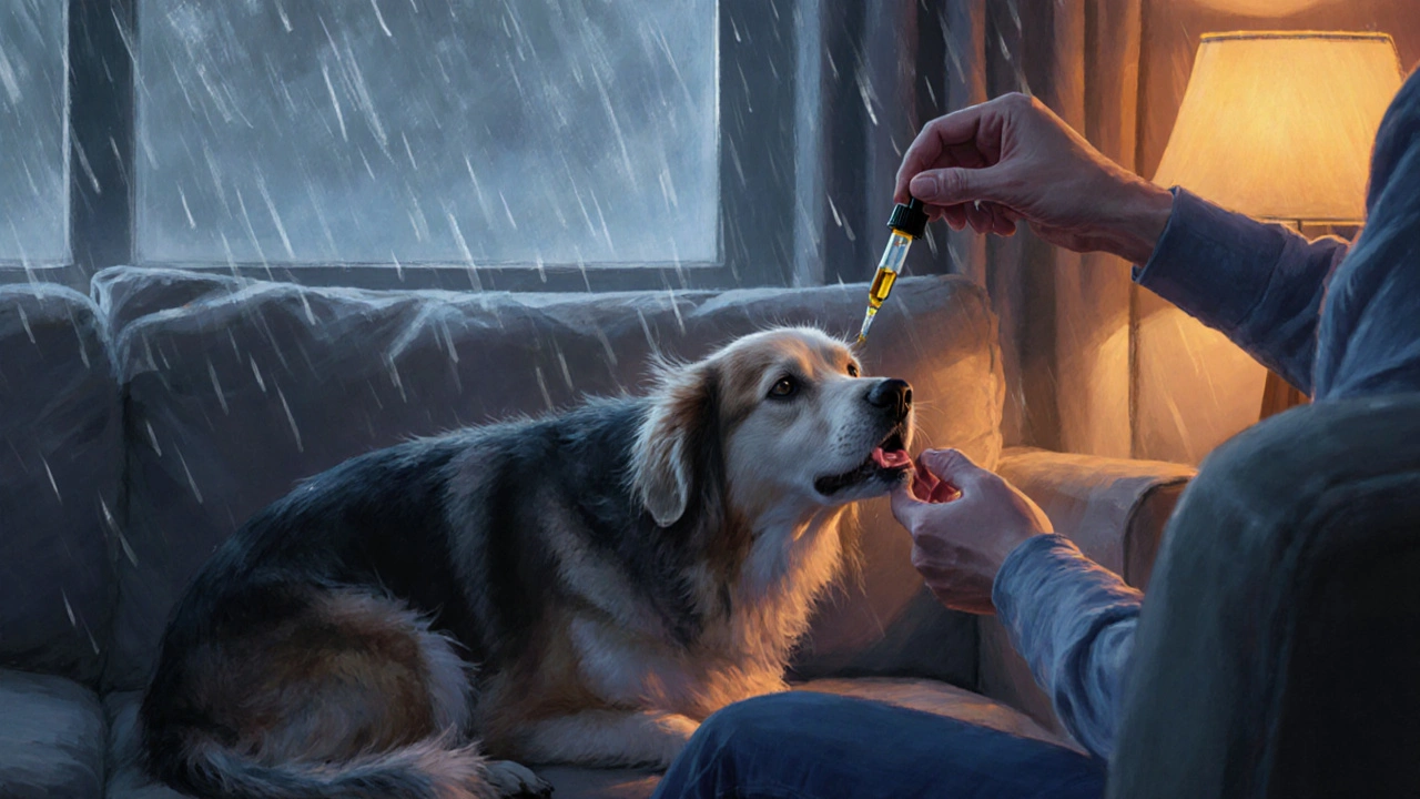 Pes se skrývá pod pohovkou během bouřky, majitel mu podává CBD olej.