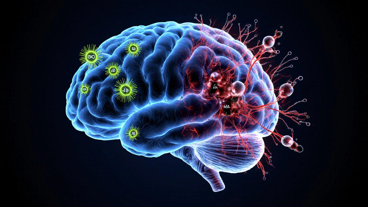 Přehled lidského mozku s blokovanými GABA receptory a převažujícími molekulami alkoholu