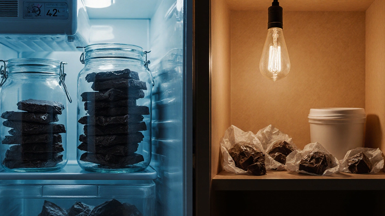 Rozdělený pohled: chladnička s utěsněnými čokoládami vs. policová spíž s volně zabalenými čokoládami.