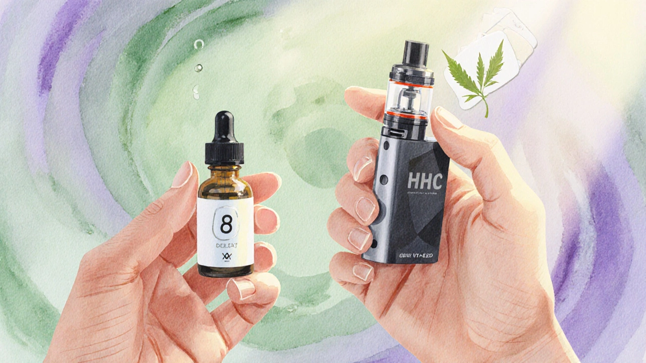 Ruce drží podjazykový kapesník s delta‑8 a vape cartridge s HHC.