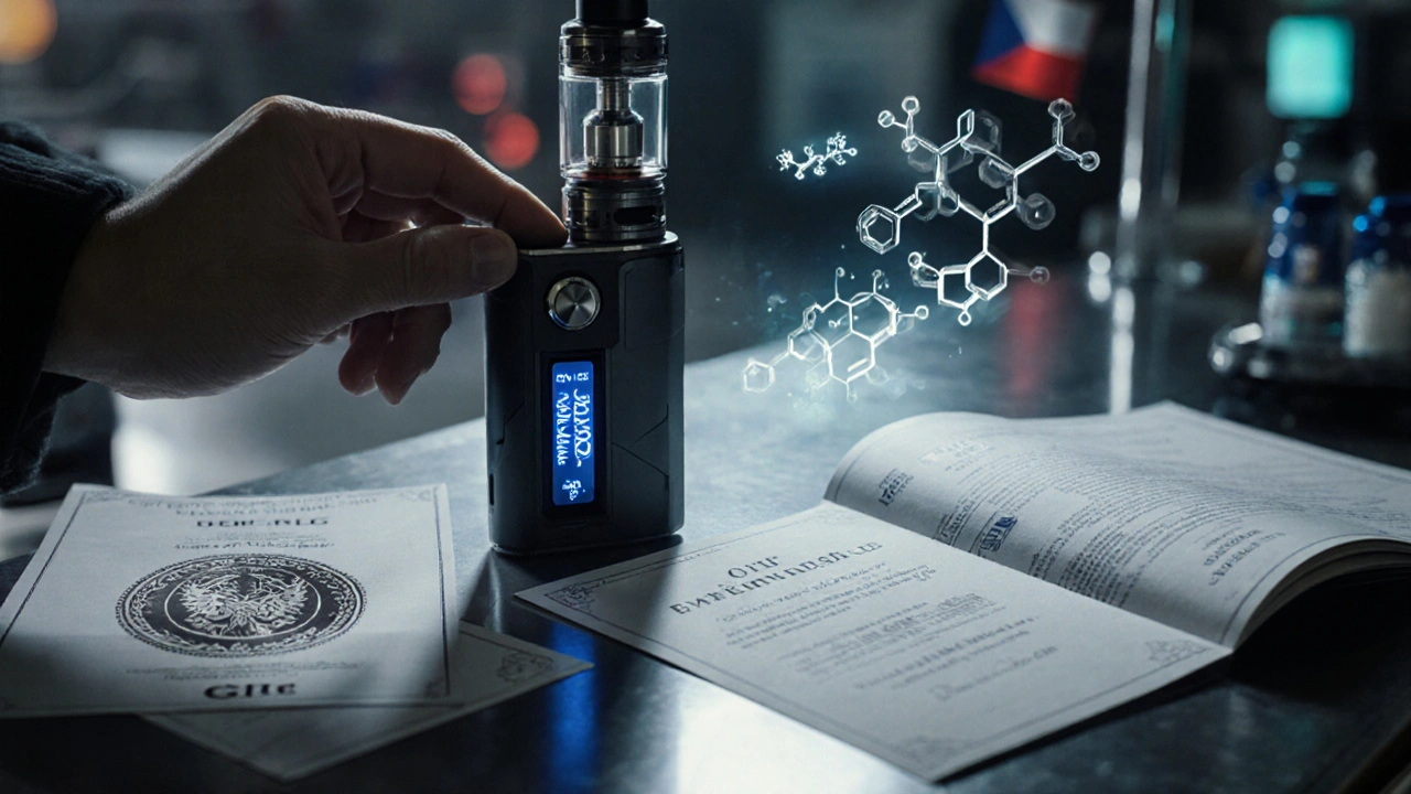 Ručně nastavený high-tech vaporizér na laboratorním stole s certifikačními dokumenty a holografickým rozhraním.