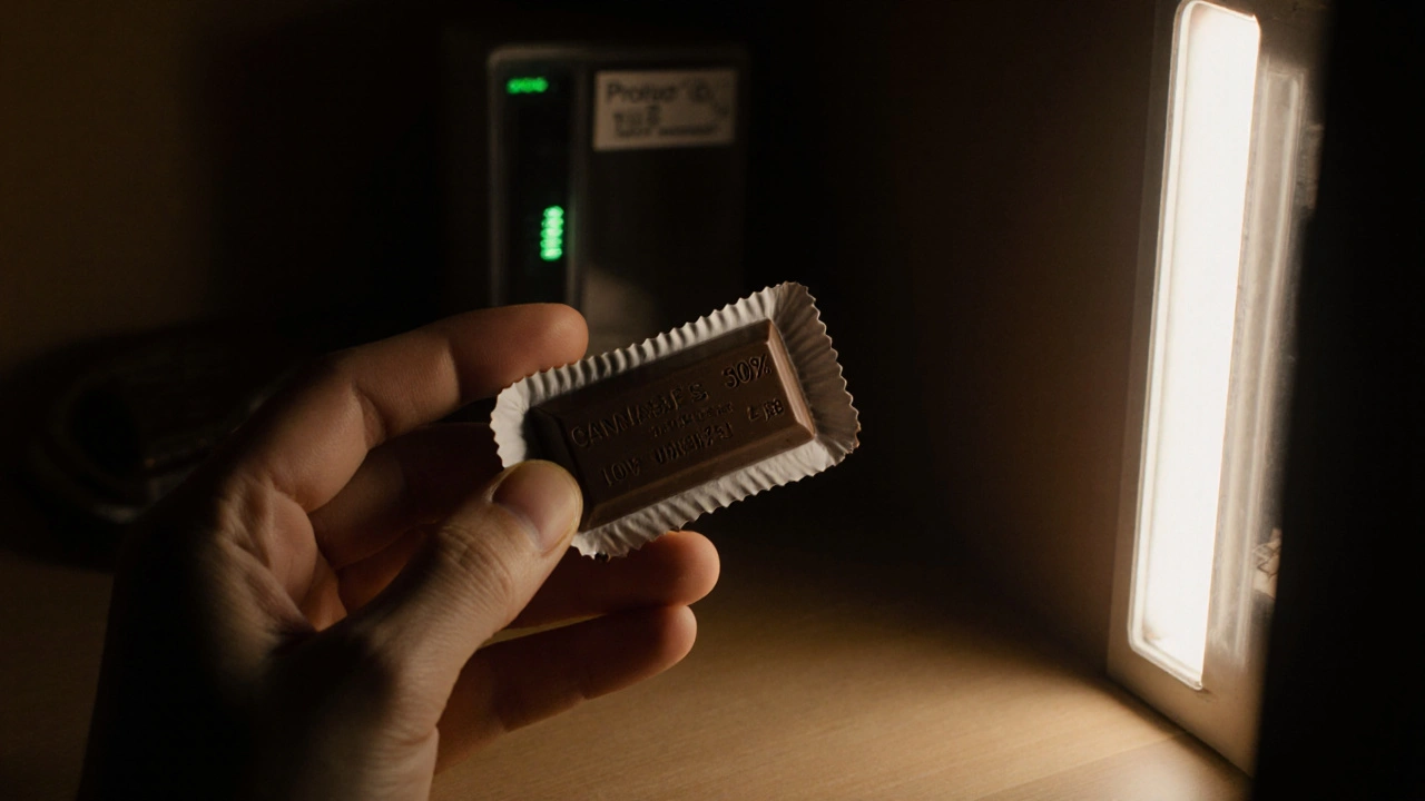 Ruka kontroluje kanabisovou čokoládu, čichá a kontroluje datum v tmavém šatě.