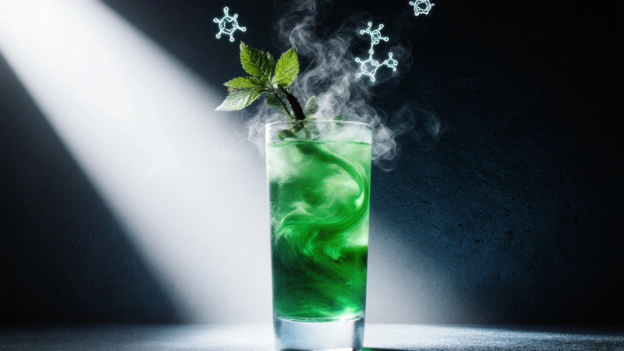 Surreální scéna s kouřícím se absintem a duchy pelyňku.