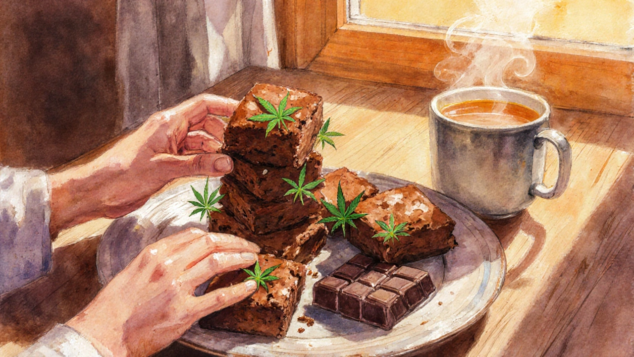 Talíř s konopnými brownies a čokoládou, připravený k jídlu.