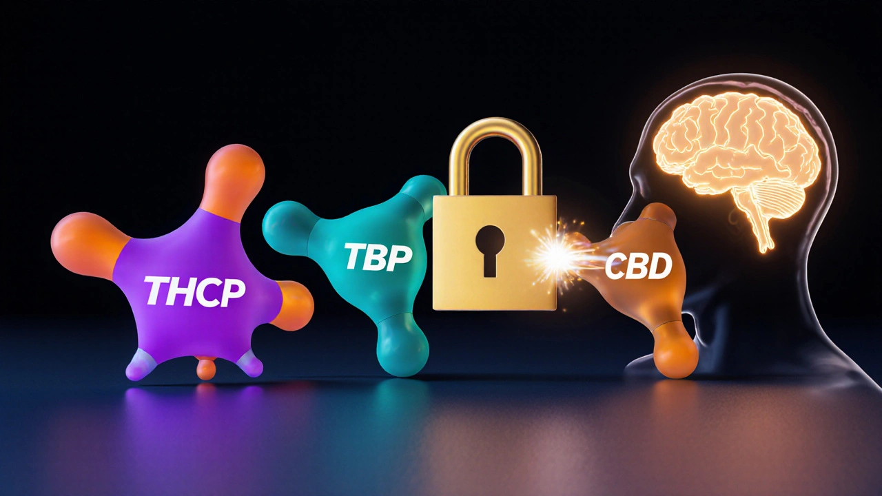 Tři molekuly kanabinoidů ukazující rozdílné řetězce a sílu vazby na CB1 receptor.