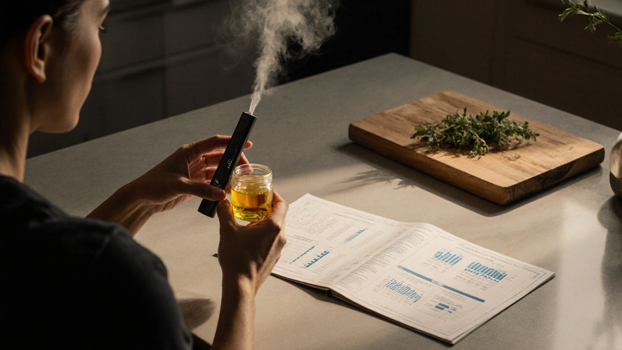 Uživatel drží vape a skleněnou nádobu s extraktem, vedle certifikátu analýzy.