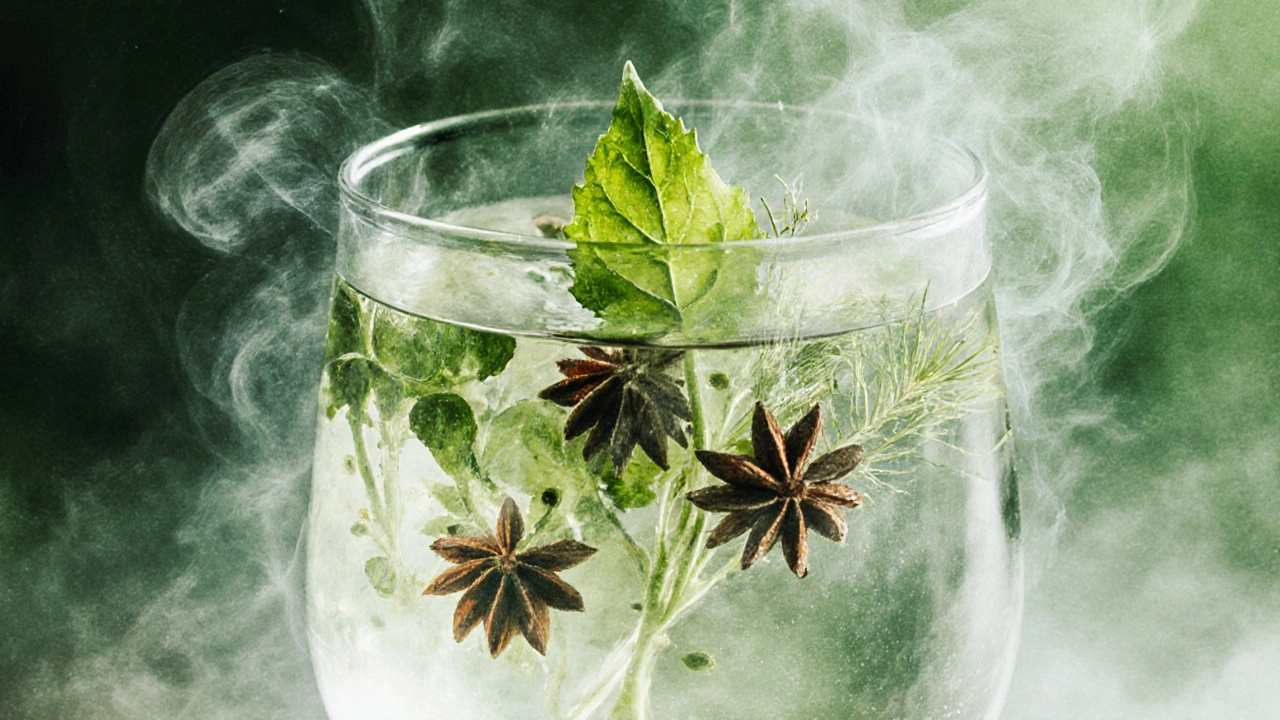 Abstraktní detail tří bylin — zvěřince, anýzu a vlašského kmínu — plavajících ve vodě, přeměňujících se v mlhu.