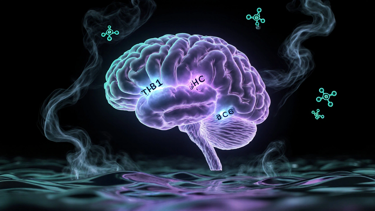 Abstraktní mozek s aktivními receptory a molekulami HHC, vykreslený jako etérická vědecká ilustrace.