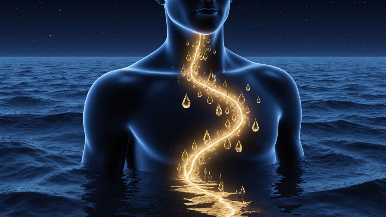 Abstraktní obraz lidského těla s zlatým proudem CBD molekul, které pomalu vstupují do nervového systému.