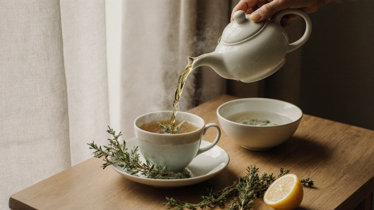 Čaj z pelyněku se šálkem a citrónem na dřevěné tabuli.