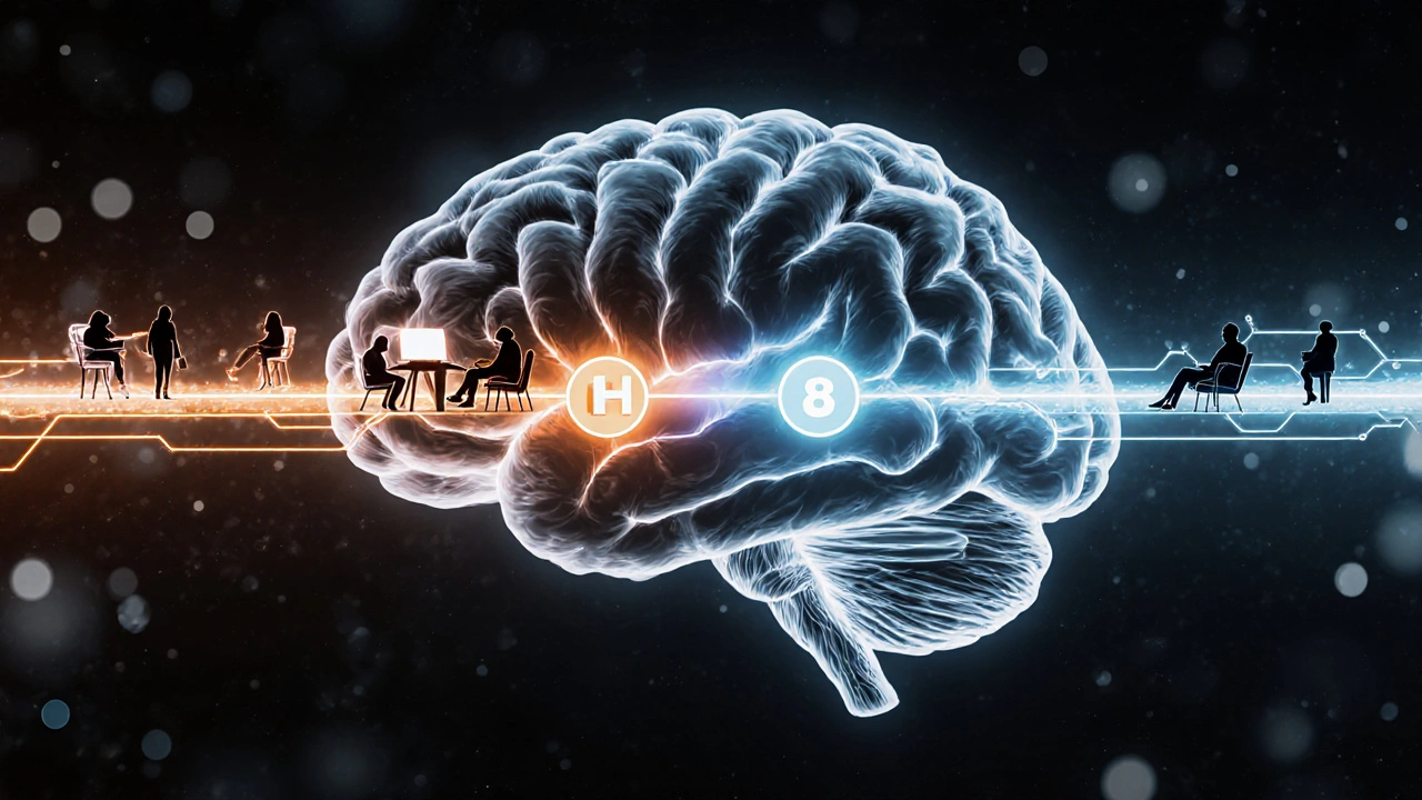 Člověčí mozek s dvěma světelnými cestami: delší a tmavě zlatou pro HHC, kratší a modrou pro delta 8.