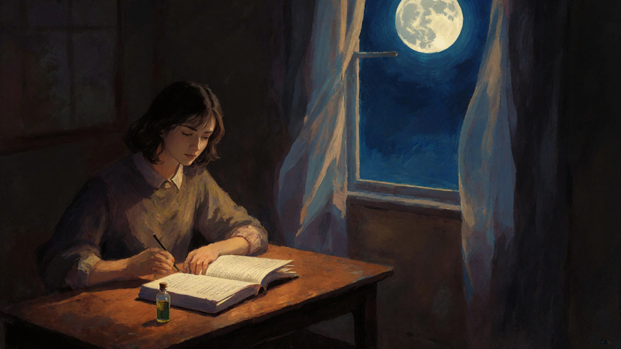 Člověk čte knihu v tiché místnosti s lahvičkou CBN na stole.