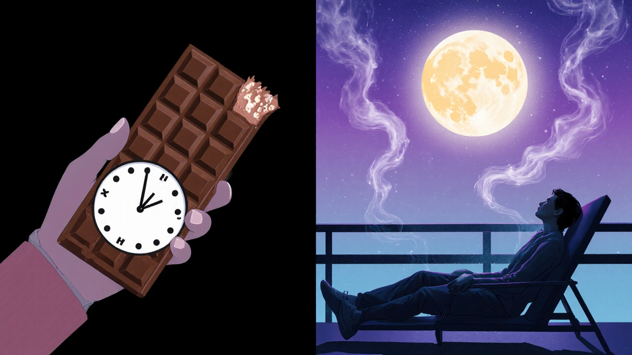 Člověk konzumuje čokoládu s HHC, následovaný klidným večerním obrazem.