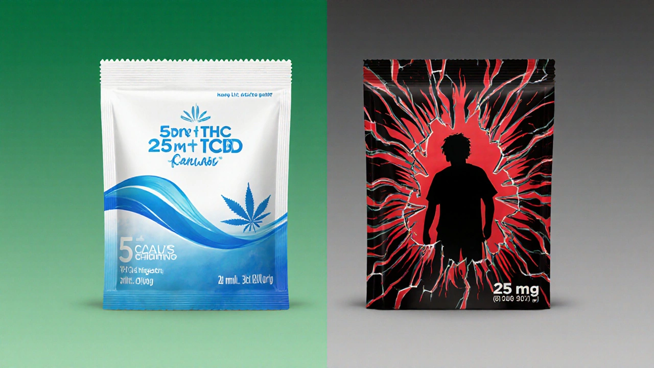 Dva balíčky konopných žvýkaček vedle sebe: jeden s mírným obsahem THC a CBD, druhý s vysokým THC a chaotickým vzhledem.