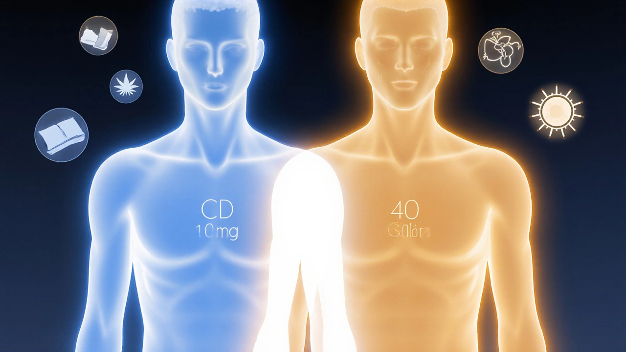 Dva postavy s různými dávkami CBD, symbolizující individuální reakce na CBD.