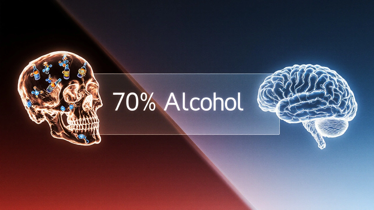 Dvě části mozku: jedna poškozená alkoholem, druhá zdravá, oddělené varováním o obsahu alkoholu.