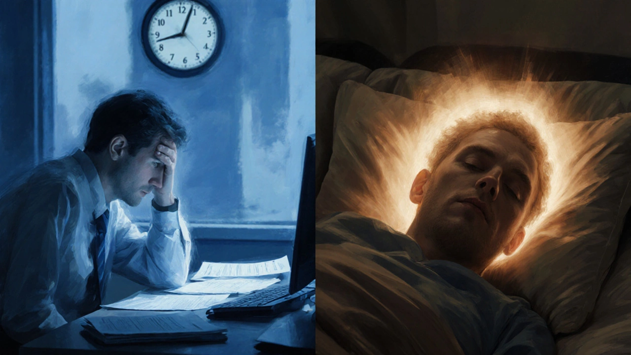 Dvě části obrazu: stresující pracovník a stejná osoba v klidu, symbolizující dočasnou úlevu.