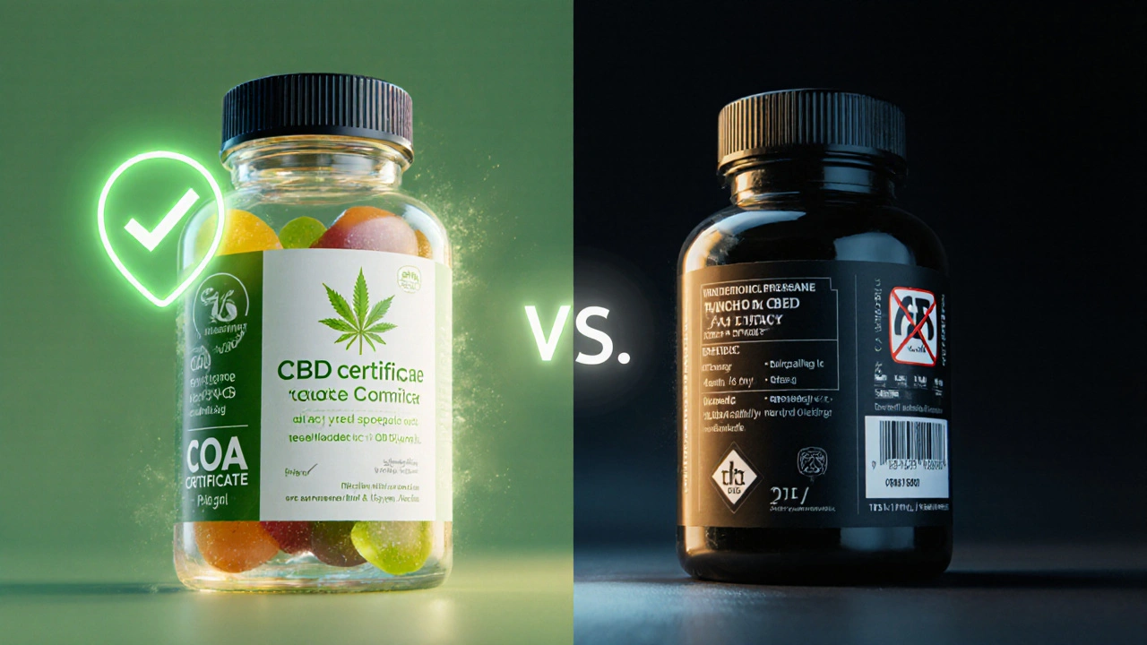 Dvě CBD gumičky v kontrastu: jedna s ověřeným certifikátem, druhá s nečistotami a neznámým složením.