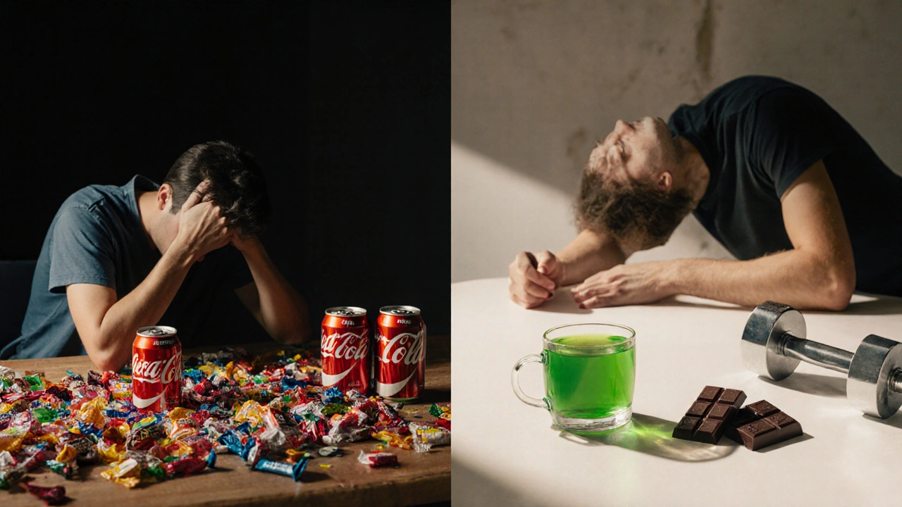 Dvě cesty: chaos s cukrem na jedné straně, klid s CBD a zdravím na druhé.