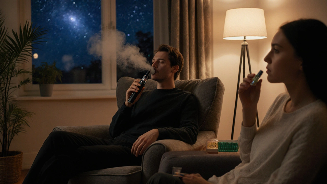 Dvě osoby večer v pohodlném pokoji, jedna užívá CBD vape, druhá melatonin, oba uvolnění.