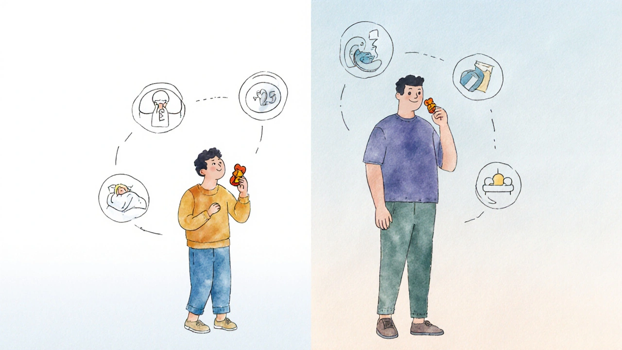 Dvě postavy si berou různé dávky CBD gumiček – jedna malá, jedna větší – symbolizující individuální přístup.