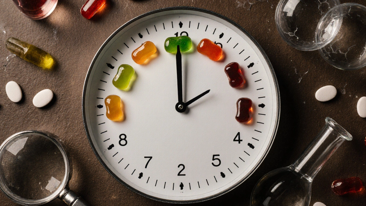 Hodiny s ručičkami z gumiček: HHC sahá až na 8, delta 8 jen na 6, s laboratorními předměty kolem.