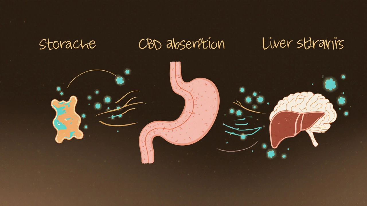 Ilustrace cesty CBD v těle: od žaludku přes krev do játra a mozku.