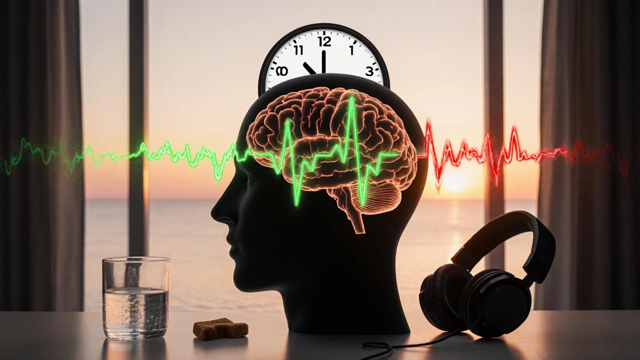 Ilustrace mozku s jemně zeleným světlem reprezentujícím kontrolovaný účinek THC, v pozadí temnější a narušený proud.