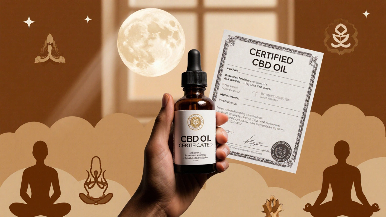 Kapsle CBD oleje s laboratorním potvrzením, vedle ní klidně meditující postavy v klidném prostředí.