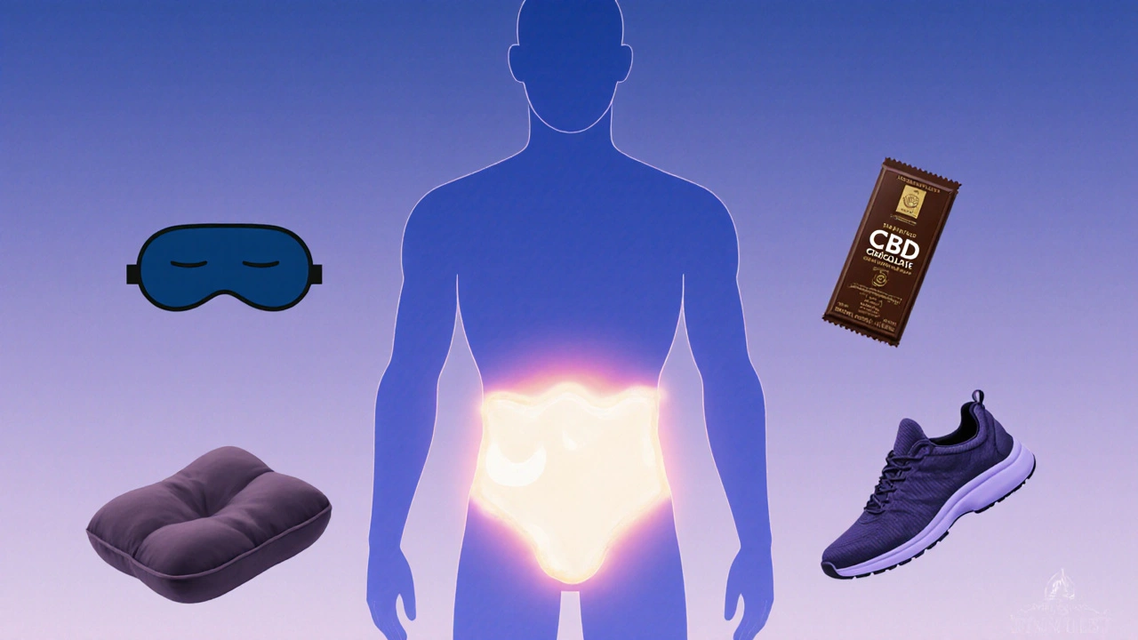 Kontur těla s postupně mizícím břišním tukem a symboly klidu a pohybu.