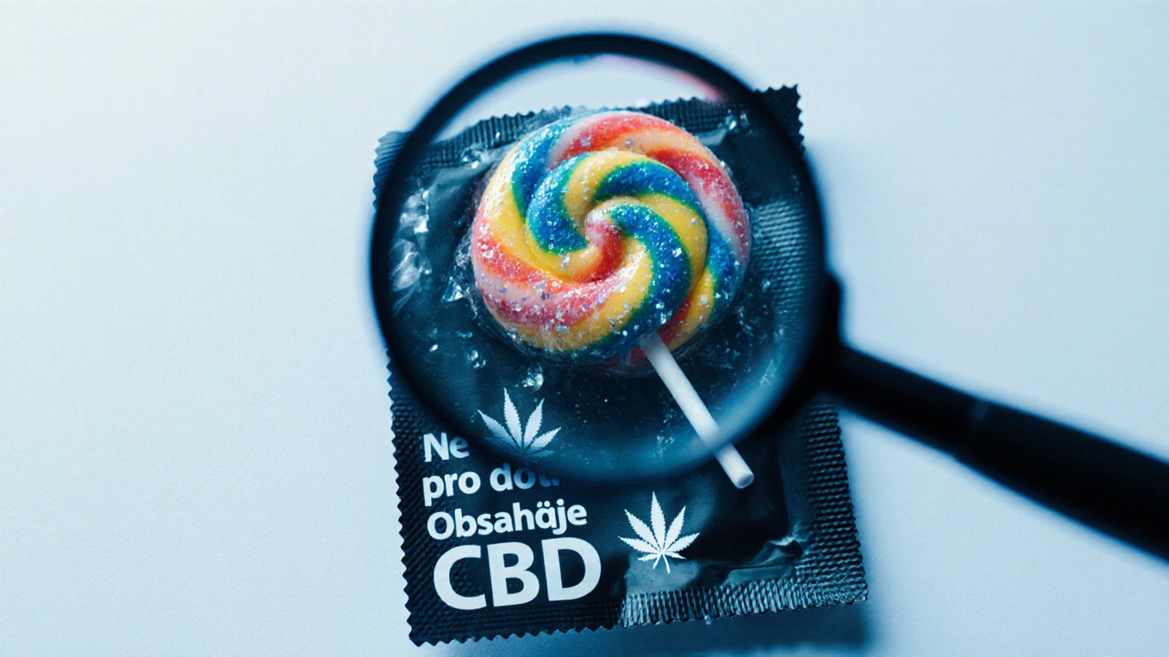 Lollipop v dětsky nezvládnutelném balení s varovnými symboly na čistém pozadí.