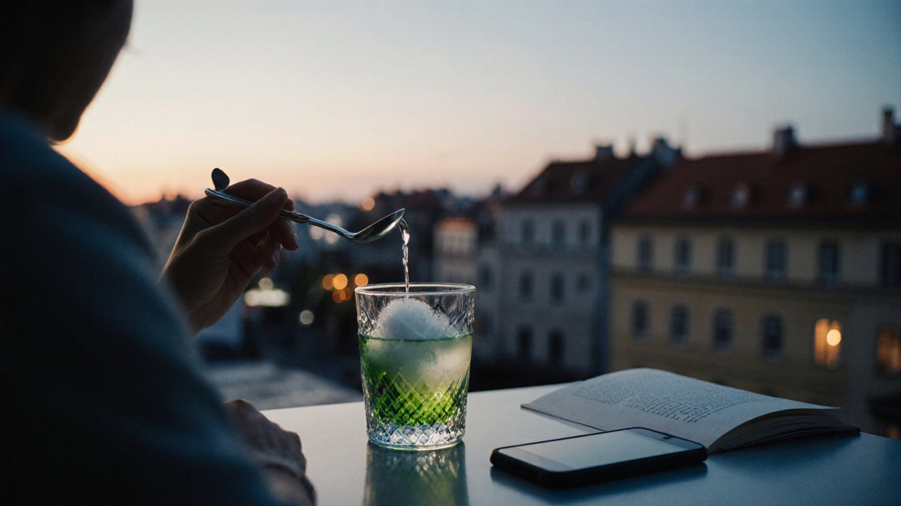 Moderní česká terasa večer, člověk pomalu připravuje absint s vodou a cukrem, telefon leží obráceně.