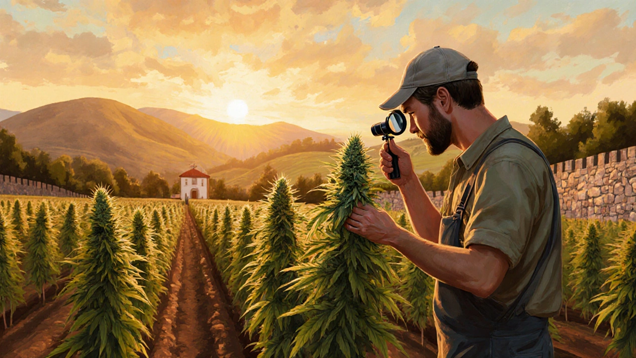 Organická CBD pěstitelská farma v Jihomoravském kraji v ranním světle.