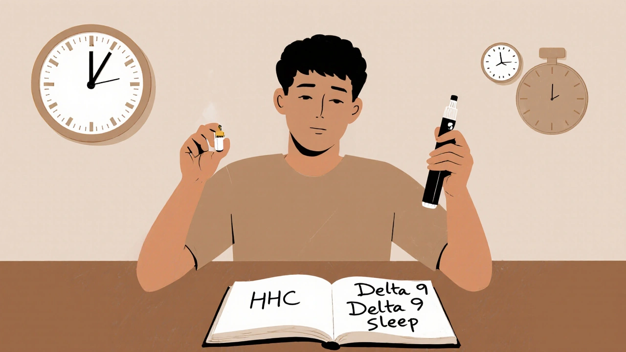 Osoba drží HHC kapsli a Delta 9 vape ve dne, na stole deník s poznámkami o použití.