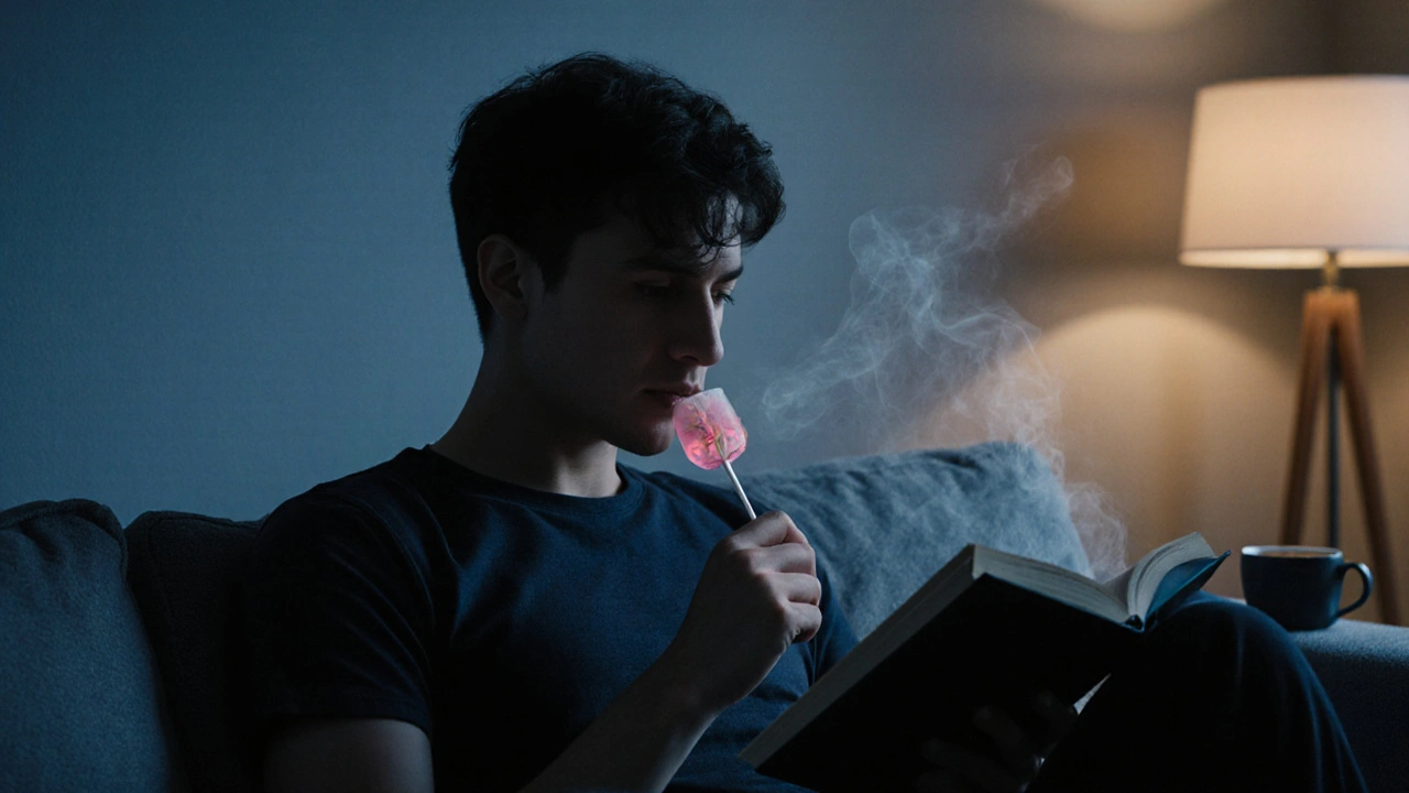 Osoba klidně sáčí konopný lollipop v pohodlném prostředí doma.