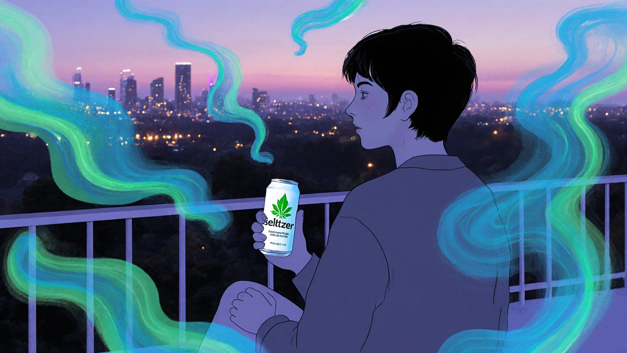 Osoba na balkoně v soumraku pije CBD seltzer, kolem ní proužky klidu ve větře.